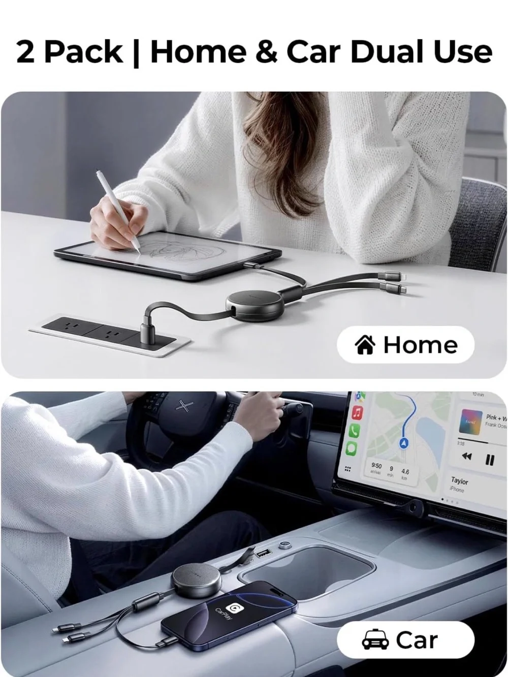 Lisen Retractable 3-in-1 Charging Cable - Black (2 pack) new